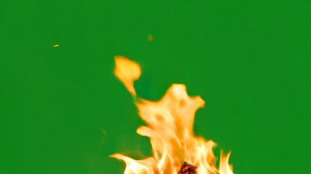 Dynamic fire effect with sparks on a green screen for chroma key compositing. Fire flame footage.