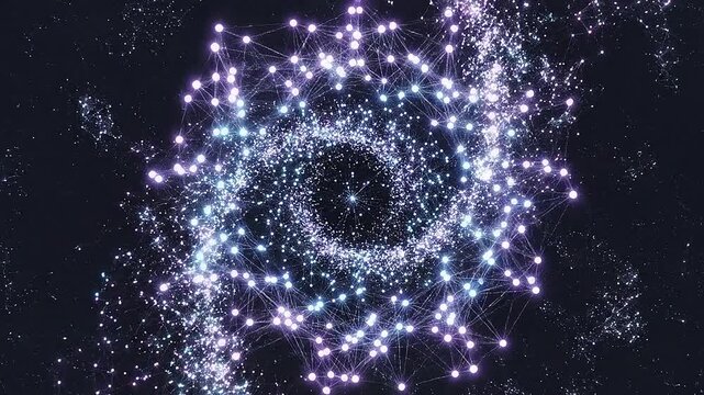 Swirling 3D plexus network with nodes and lines dynamically forming and breaking connections.