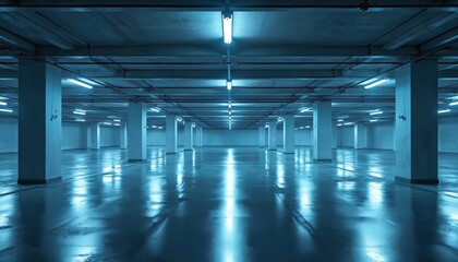 Fototapeta premium Empty underground parking garage photo. Interior with concrete pillars and shiny wet floor. Blue lighting creates a modern urban aesthetic. Architecture design space.