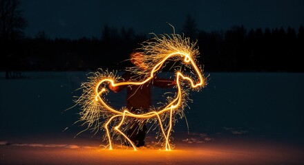 A vibrant light-painted horse glows brightly in the dark winter landscape, created by a person using sparklers on a snowy field at night.