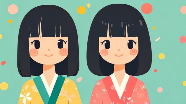 Twin Delight: Two charming cartoon girls with matching hair and cheerful expressions, embodying friendship and a shared bond.