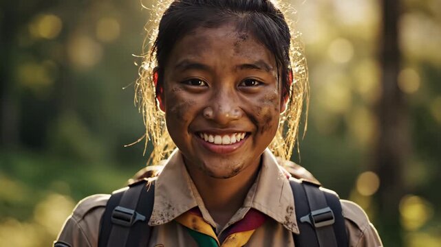 Joyful scout in forest: smiling journey through sunlit wilderness