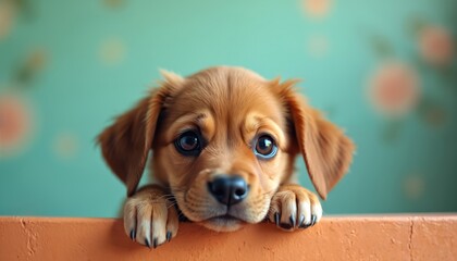 Young brown dog rests head on orange surface. Its paws are visible over the edge. Eyes look directly at camera with a sad expression. Background has soft focus circles.