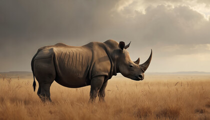 Obraz premium Powerful rhino stands in savanna under cloudy sky. Large animal in wild nature habitat. African wildlife portrait on sunny day. Rhino with big horn.