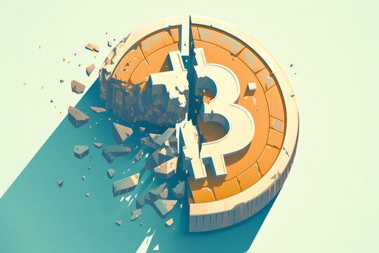 An abstract depiction of a bitcoin symbol. A coin shattered in pieces