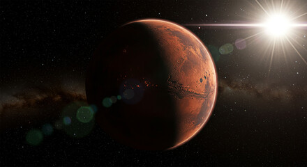 Mars from Space: A Stunning View of the Red Planet with the Milky Way Galaxy and a Radiant Sun in the Horizon