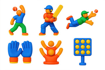 Cricket Icons Set. 3D icon set of cricket match: bowler action, batsman stance, fielder dive, wicketkeeper gloves, cheering crowd,