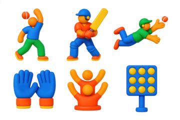 Cricket Icons Set. 3D icon set of cricket match: bowler action, batsman stance, fielder dive, wicketkeeper gloves, cheering crowd,