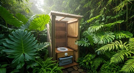 A composting toilet made of wood with a white seat is set in a vibrant, sun-dappled tropical jungle with large green leaves, suitable for a World Toilet Day context.