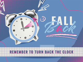 Fall Back collage with 3D alarm clock sticker on halftone bright background. Daylight saving time ends vector illustration in blue and pink colors