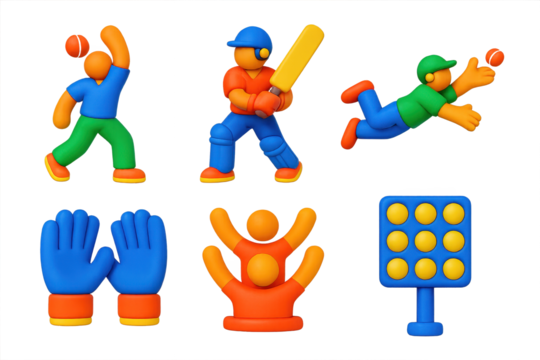 Cricket Icons Set. 3D icon set of cricket match: bowler action, batsman stance, fielder dive, wicketkeeper gloves, cheering crowd,