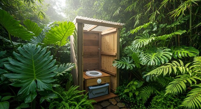 A composting toilet made of wood with a white seat is set in a vibrant, sun-dappled tropical jungle with large green leaves, suitable for a World Toilet Day context.
