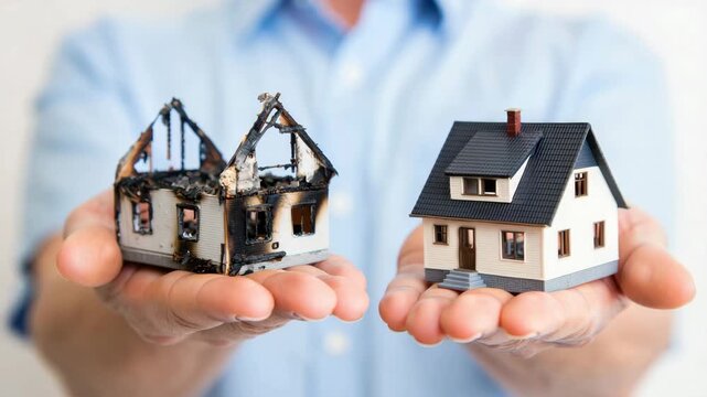 Comparison of burnt and intact houses on hands, property and home insurance concept, compensation, financial protection, disaster recovery, risk assessment, building restoration, safety evaluation