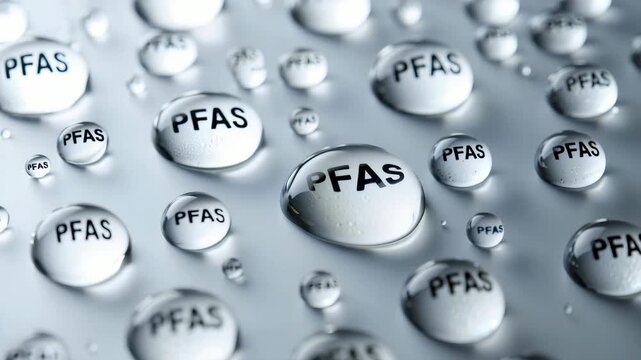 Water droplets with PFAS text, chemical contamination, per- and polyfluoroalkyl substances, environmental pollution, toxic chemicals impact, industrial contaminants, public health concerns