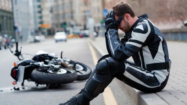 Motorcyclist in protective gear sitting on the curb, accident aftermath, street safety, motorbike incident, reflective moment, urban environment, emotional response, crash impact, road caution
