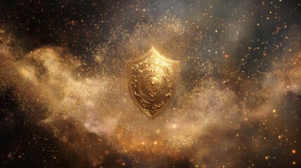 Ornate gold shield floating surrounded by glowing golden particles