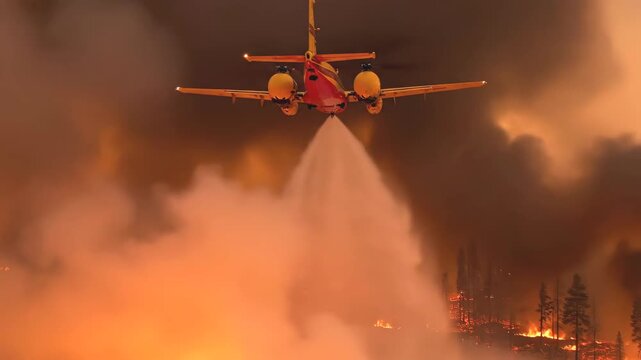 Dramatic shot of a firefighting air tanker flying low and dropping water on a raging forest fire at dusk