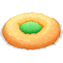 Round Golden Yellow Cookie with Green Frosting Center Isolated on White Background Studio Shot