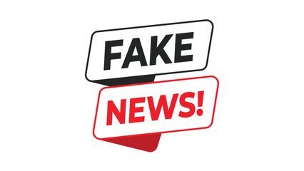 Fake news banner, red and black typography label for misinformation awareness, media literacy, or journalism alert concept with modern graphic design style