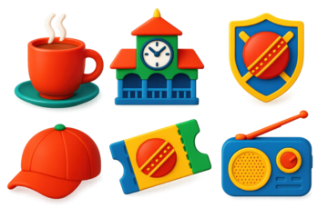 Cricket Culture Icons. 3D icon set of cricket culture: tea break cup, pavilion clock, club badge, member cap, match ticket, radio