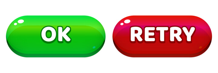 Game Interface Buttons. Green OK and Red Retry Icons for Mobile App UI