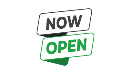 Now open banner, green and black typography label for store opening, restaurant launch, or business reopening announcement design with modern bold concept