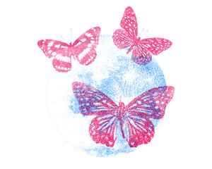 Risograph Print of Moon and Butterfly. Dreamy Vintage Illustration with Celestial Motifs
