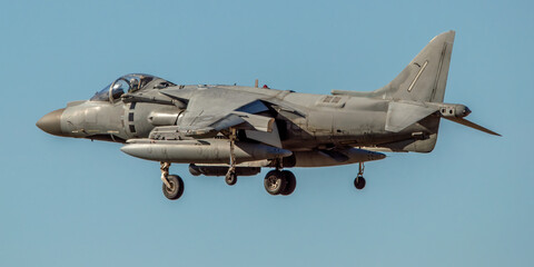 Avión de combate pintado de gris aterrizando