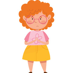 Sad little girl with curly red hair wearing glasses and a pink shirt with a yellow skirt standing with hands clasped