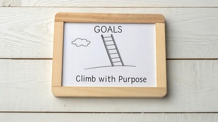 A conceptual drawing on a framed whiteboard illustrates climbing a ladder to reach goals