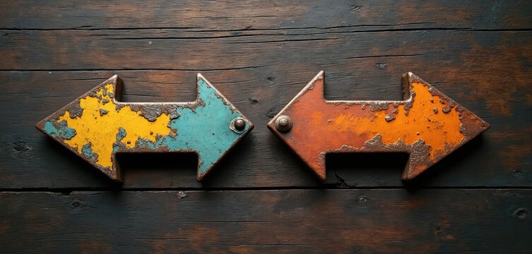 Two rusty metal arrows point in opposite directions on a weathered wooden surface. One arrow is yellow and blue the other orange and brown. This visual represents choice and divergence.