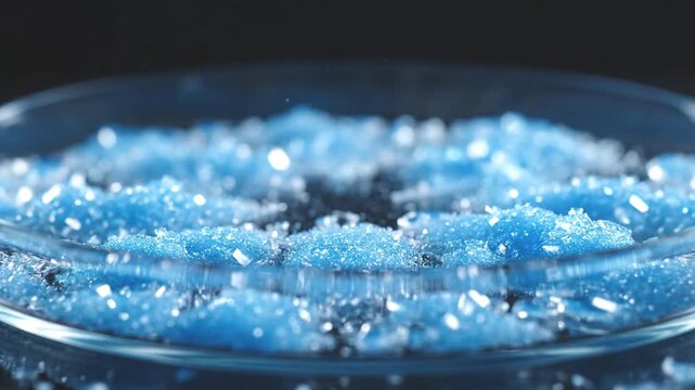 Stunning slow motion macro video of a blue liquid drop instantly crystallizing into a sparkling formation