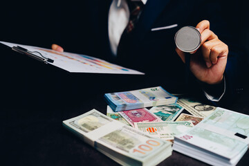 Businessman Conducting Financial Audit with Cash and Documents in Professional Environment