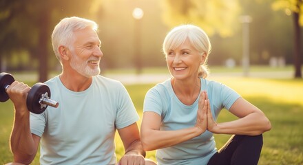 Active seniors enjoying outdoor workout, promoting health and fitness in nature.