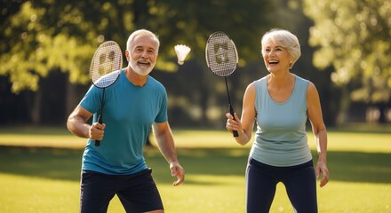 Elderly couple playing badminton in a sunny park, enjoying their active lifestyle.
