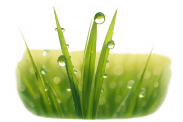 Green grass blades catching numerous water drops, symbolizing freshness, purity, and new growth. Transparent background