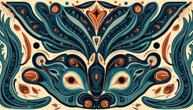 Abstract artwork merges Maori, Aztec motifs. Symmetrical design in blue, green, beige with organic shapes, circular elements. Cultural blend creates unique visual appeal for diverse design projects.