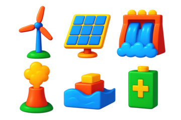3D Renewable Energy Icons. 3D icon set of renewable energy: wind turbine, solar panel, hydroelectric dam, geothermal vent, wave