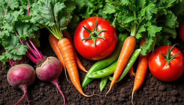 Freshly picked colorful vegetables lie on dark rich soil. Red beets, orange carrots, ripe tomatoes, green peas pods show healthy organic garden harvest. Natural plant food comes fresh from farm soil,