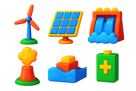 3D Renewable Energy Icons. 3D icon set of renewable energy: wind turbine, solar panel, hydroelectric dam, geothermal vent, wave