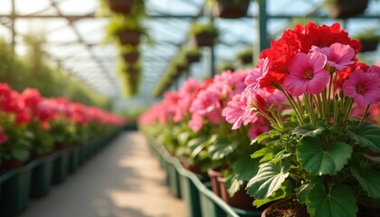 Fototapeta premium Bright pink, red geraniums bloom in large greenhouse. Rows of potted plants fill nursery under natural light. Vibrant flower garden provides fresh blossoms for cultivation, decor. Sun shines on green
