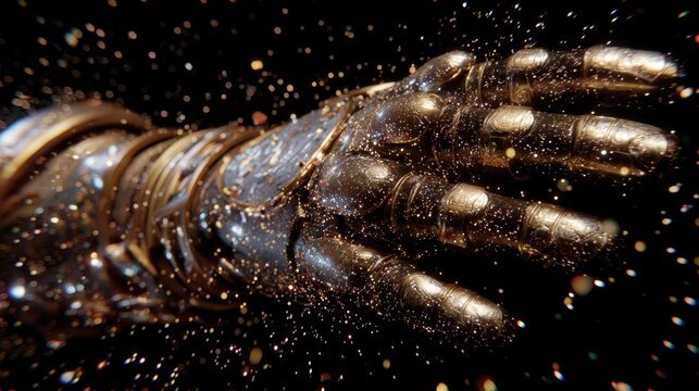 Medieval gauntlet floating with shimmering particle effects