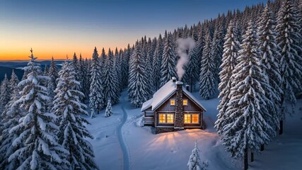 Log cabin in a snowy forest at twilight. A captivating aerial view of winter tranquility. Cozy retreat, winter wonderland, peaceful escape.