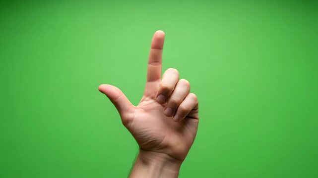 Man hand showing gun gesture on green screen with thumb and index finger for chroma key footage.