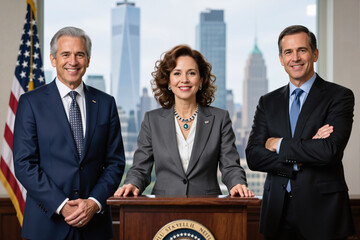 Three professionals, likely politicians or business executives, stand together in a formal setting with a cityscape behind them, wearing suits and ties.