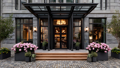 Modern restaurant entrance with pergola, stone steps. Luxury building exterior with glass doors, wooden stairs, outdoor seating area.