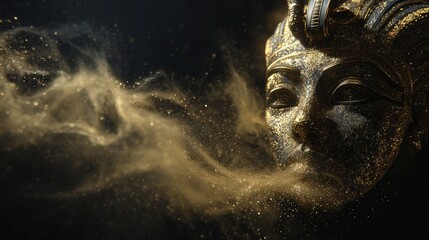 Pharaoh's ceremonial mask floating with swirling golden particle clouds