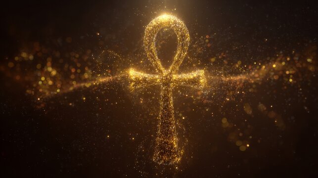 Ancient Egyptian ankh symbol floating with golden particle effects