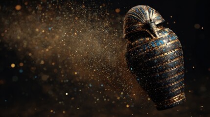 Ancient Egyptian canopic jar in air with sparkling golden aura