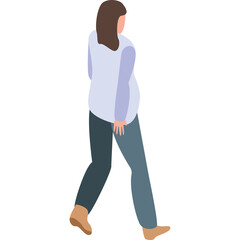 Isometric Pregnant Woman Walking Forward Wearing Light Blue Sweater and Two Toned Pants With Tan Shoes On Transparent Background